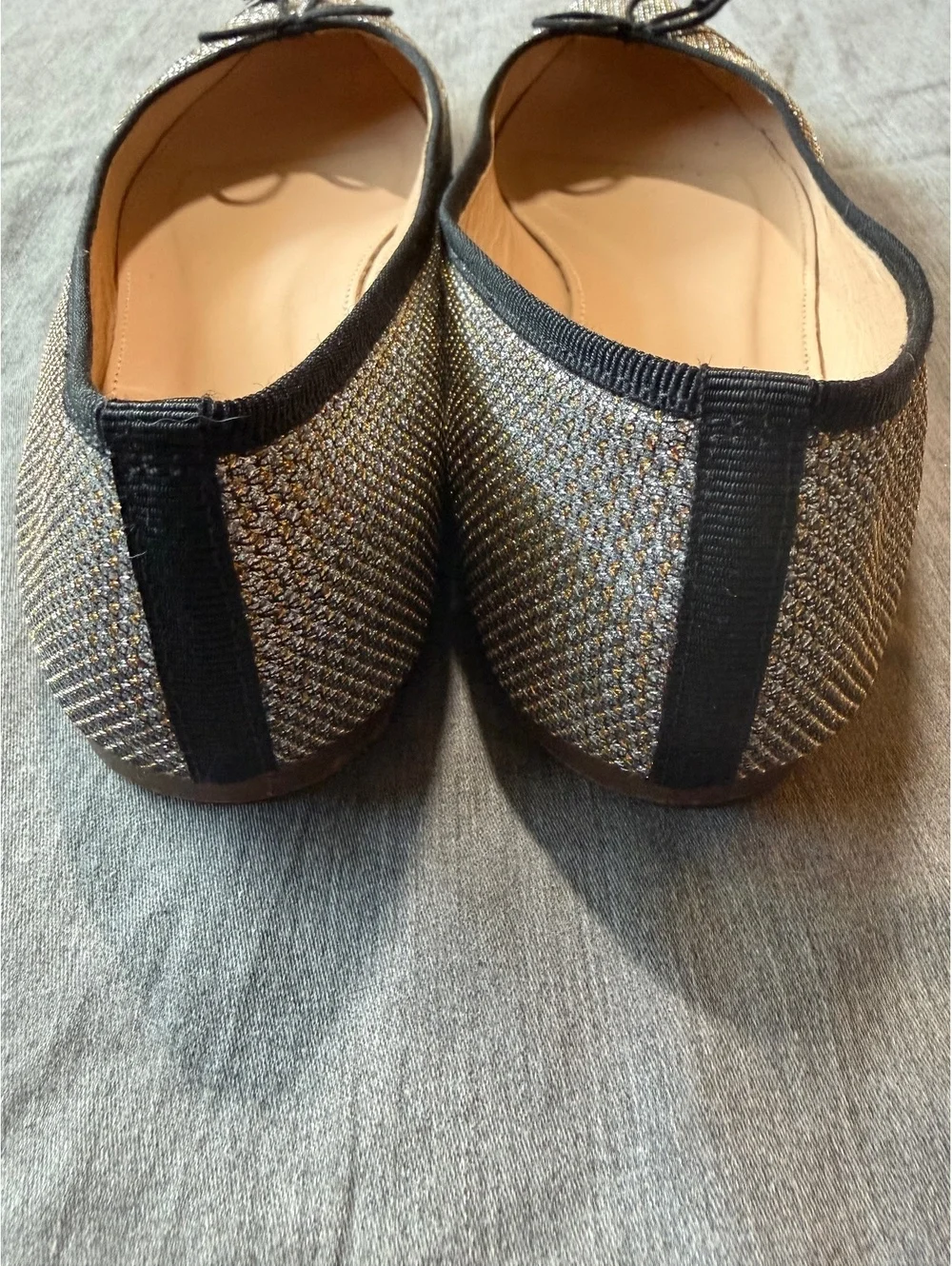 J.Crew Women's Size 8 Gemma Glitter Ballet Flats Silver & Gold Black Trim